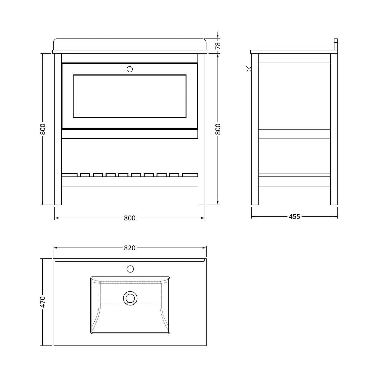 [BFRY127WS1] Balterley Rye Bathroom Floor Standing 1 Drawer Vanity & Single Bowl 1 Tap Hole Marble Top, Pure White/White, 820mm - Technical Drawing