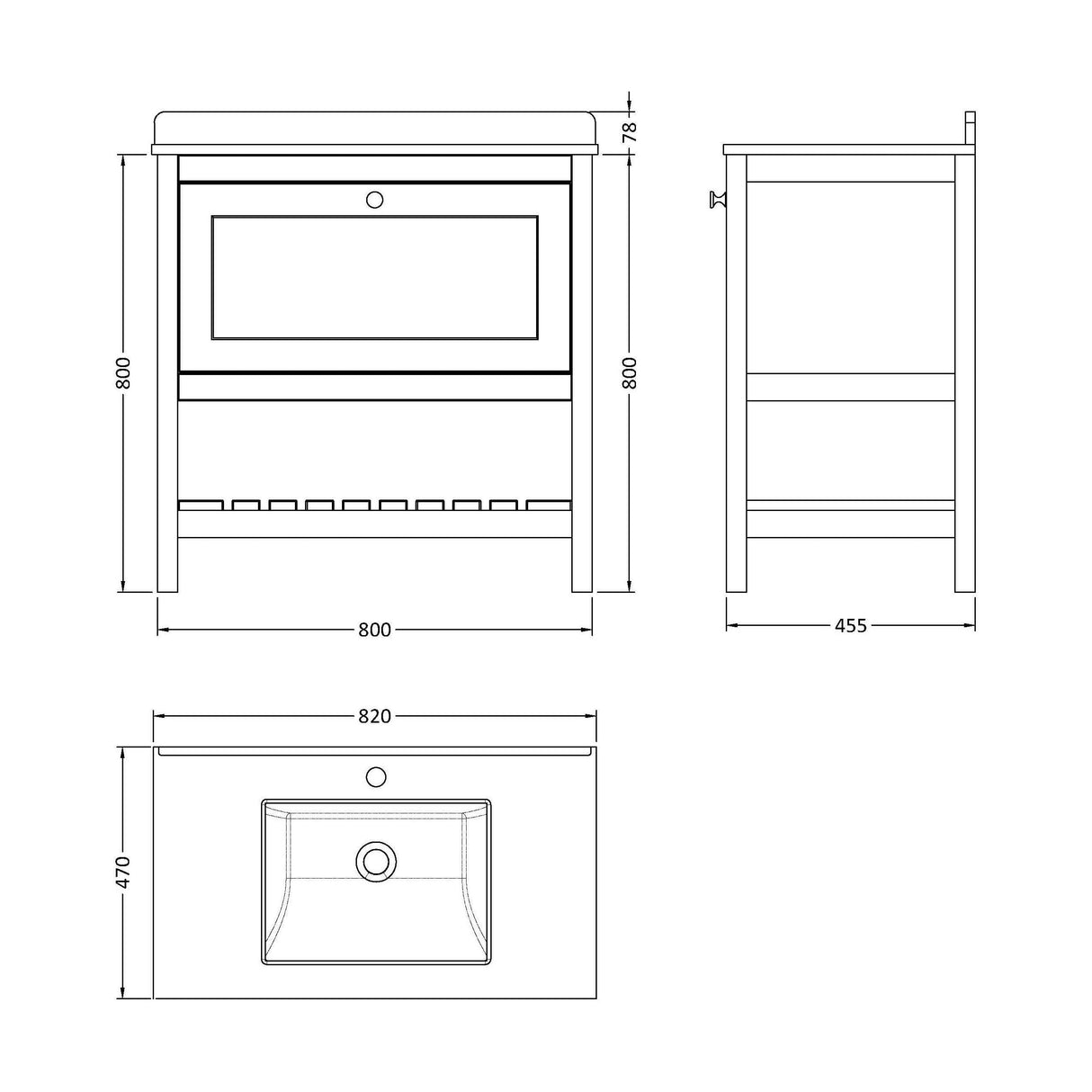[BFRY127WS1] Coppenhall Traditional 1 Drawer Floor Standing Vanity Unit with Marble Worktop, Choice of Size and Finish - Technical Drawing