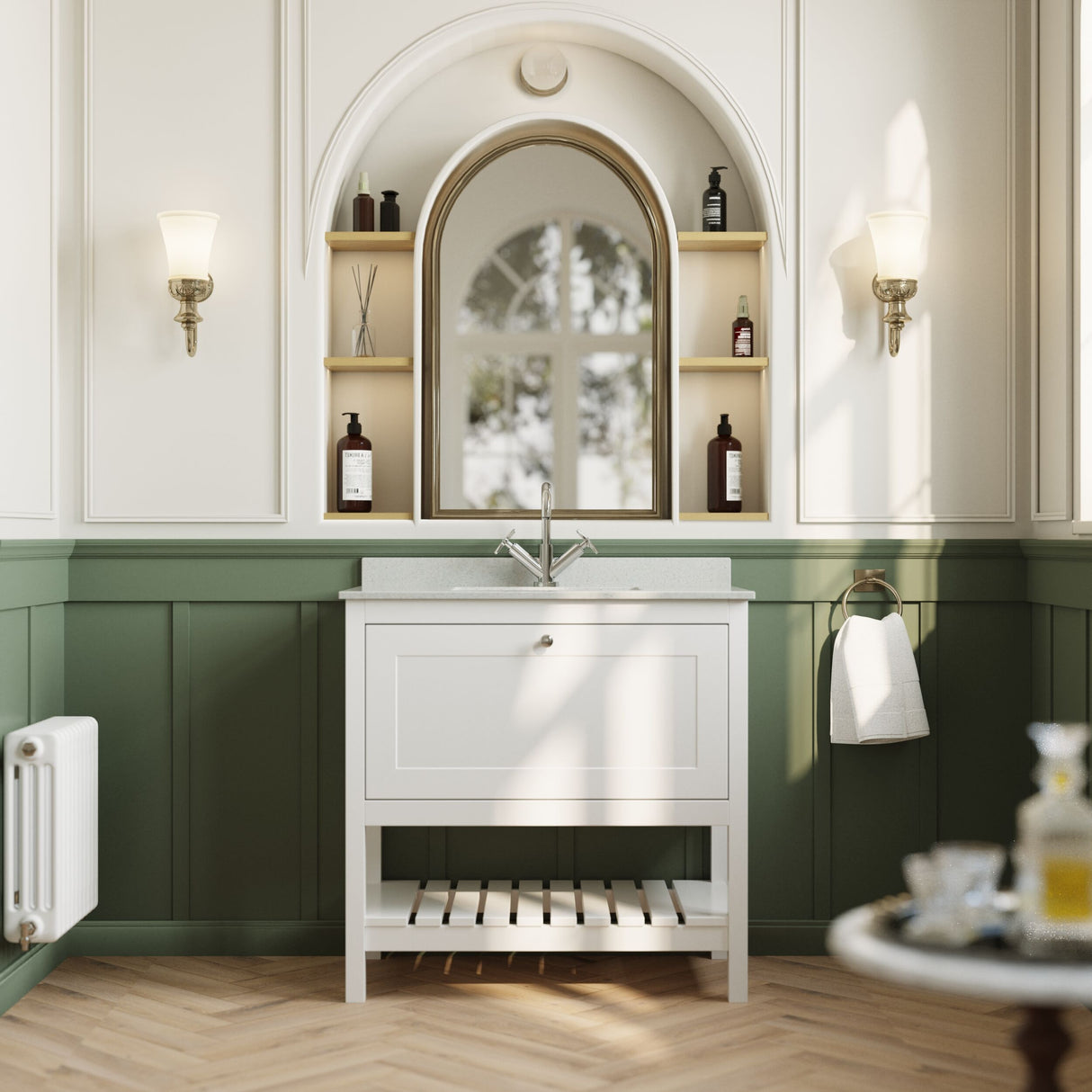 [BFRY127WS1] Balterley Rye Bathroom Floor Standing 1 Drawer Vanity & Single Bowl 1 Tap Hole Marble Top, Pure White/White, 820mm - Lifestyle 1