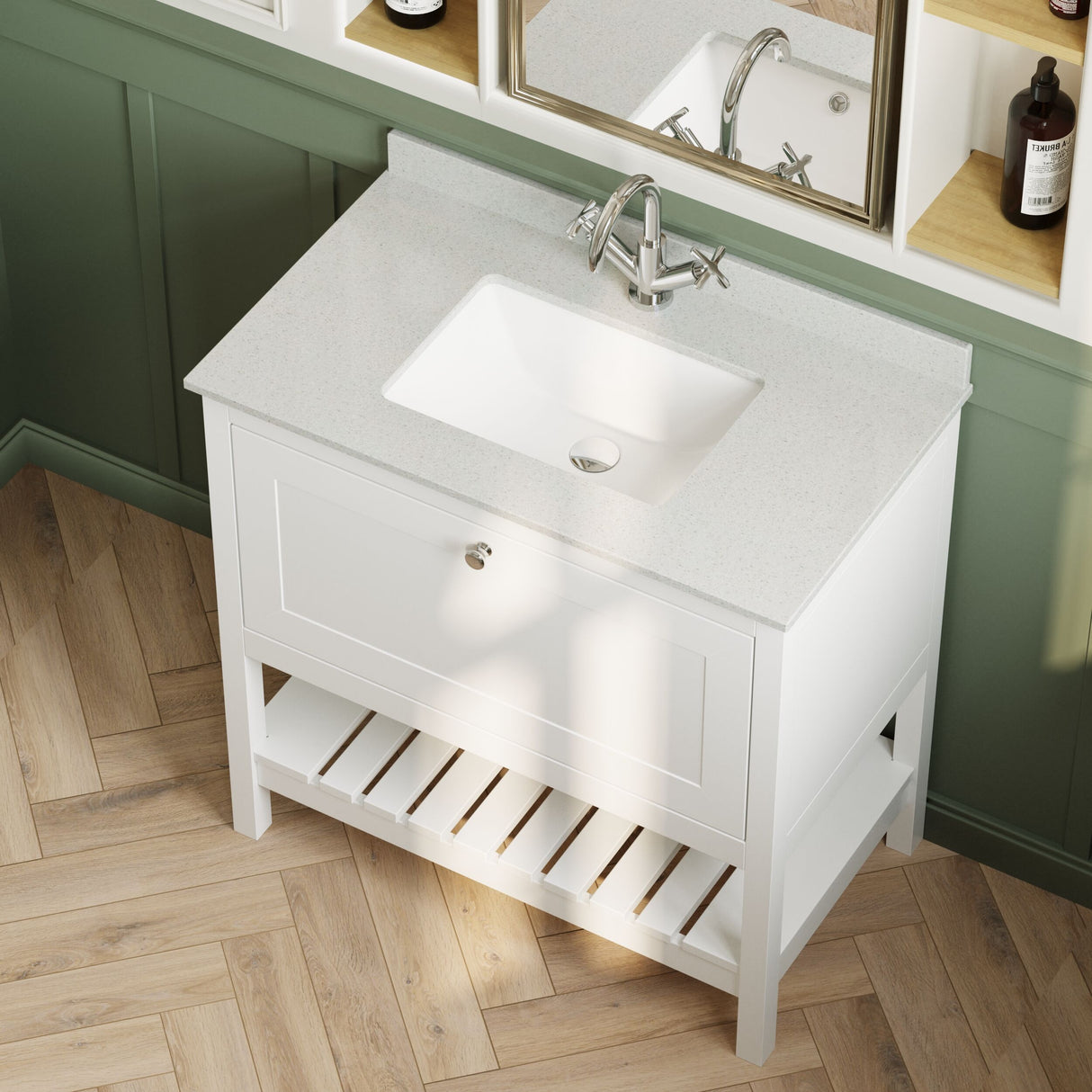 [BFRY127WS1] Balterley Rye Bathroom Floor Standing 1 Drawer Vanity & Single Bowl 1 Tap Hole Marble Top, Pure White/White, 820mm - Lifestyle 2