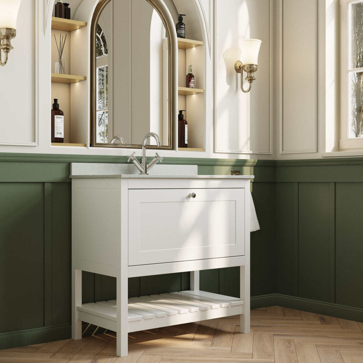 [BFRY127WS1] Balterley Rye Bathroom Floor Standing 1 Drawer Vanity & Single Bowl 1 Tap Hole Marble Top, Pure White/White, 820mm - Lifestyle 3