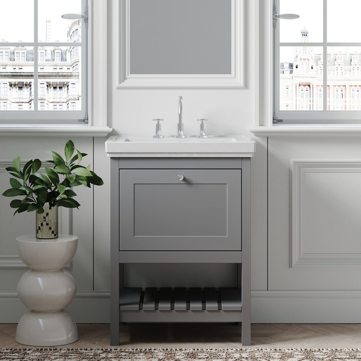 [BFRY225B] Balterley Rye Bathroom Floor Standing 1 Drawer Vanity & 3 Tap Hole Basin, Cool Grey, 630mm - Lifestyle 1