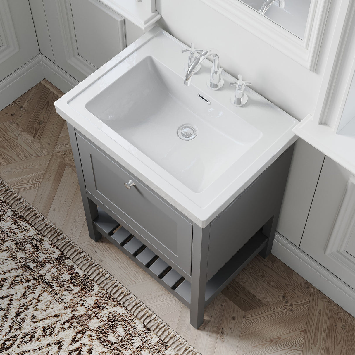 [BFRY225B] Balterley Rye Bathroom Floor Standing 1 Drawer Vanity & 3 Tap Hole Basin, Cool Grey, 630mm - Lifestyle 2