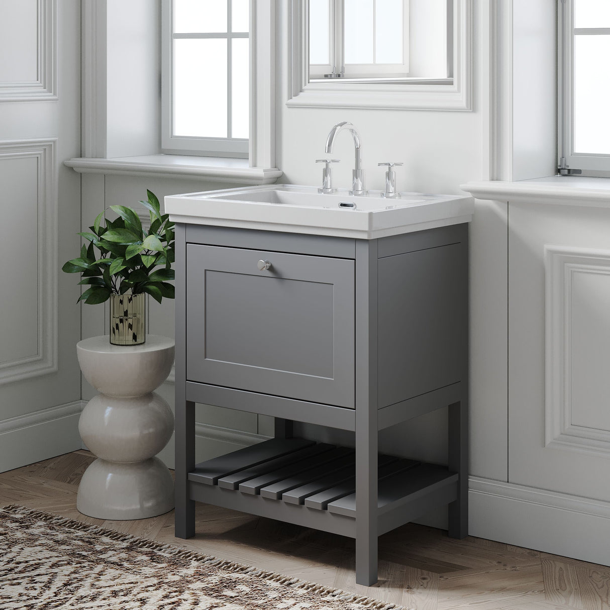[BFRY225B] Coppenhall Traditional 1 Drawer Floor Standing Vanity Unit with 3 Tap Hole Fireclay Basin, Choice of Size and Finish