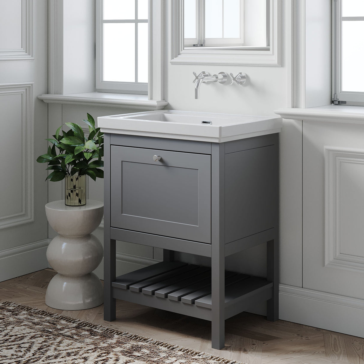 [BFRY225H] Balterley Rye Bathroom Floor Standing 1 Drawer Vanity & 0 Tap Hole Basin, Cool Grey, 630mm - Lifestyle 3
