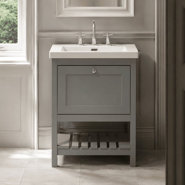 [BFRY225M] Coppenhall Contemporary 1 Drawer Floor Standing Vanity Unit with Fireclay Basin - Choice of Size and Colour - Silo