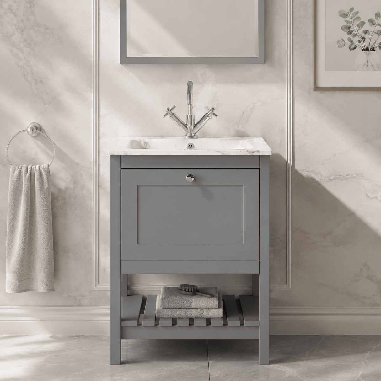 [BFRY225Q] Coppenhall Contemporary 1 Drawer Floor Standing Vanity Unit with Stone Basin - Choice of Size and Colour - Silo