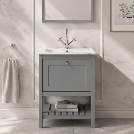 [BFRY225Q] Coppenhall Contemporary 1 Drawer Floor Standing Vanity Unit with Stone Basin - Choice of Size and Colour - Silo