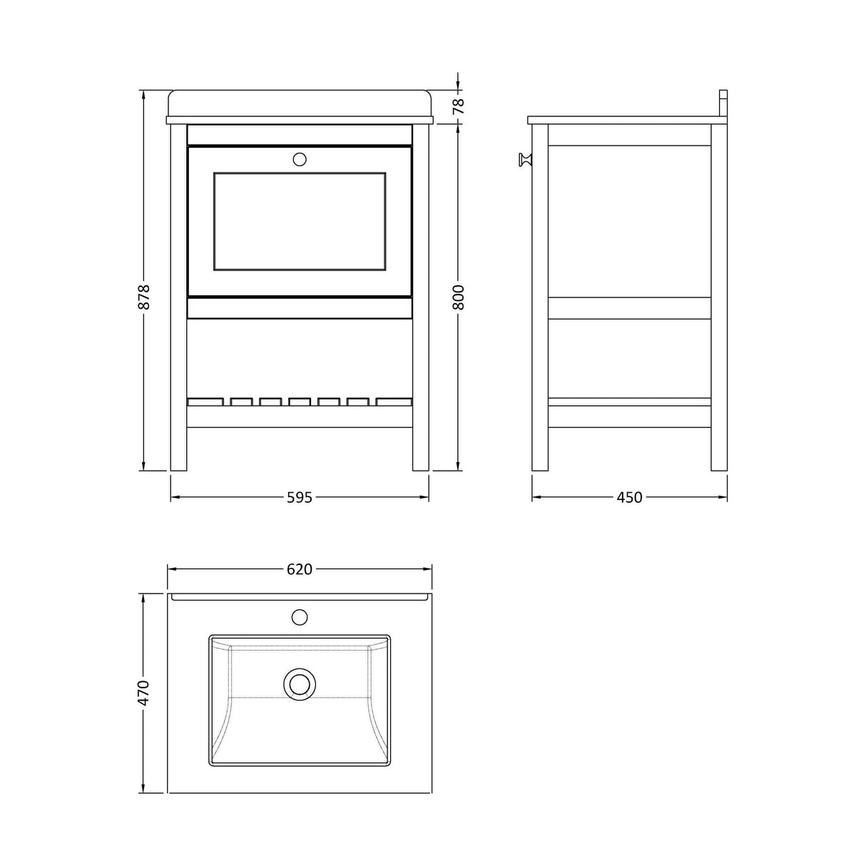 [BFRY225WS1] Coppenhall Traditional 1 Drawer Floor Standing Vanity Unit with Marble Worktop, Choice of Size and Finish - Technical Drawing