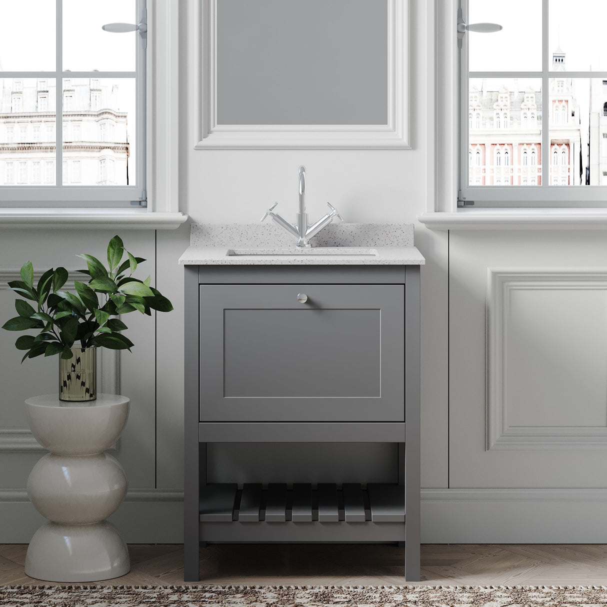 [BFRY225WS1] Balterley Rye Bathroom Floor Standing 1 Drawer Vanity & Single Bowl 1 Tap Hole Marble Top, Cool Grey/White, 620mm - Lifestyle 1