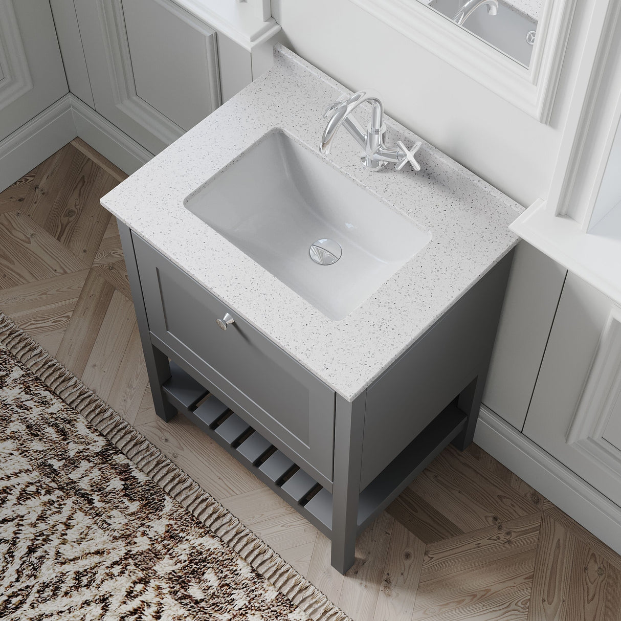 [BFRY225WS1] Balterley Rye Bathroom Floor Standing 1 Drawer Vanity & Single Bowl 1 Tap Hole Marble Top, Cool Grey/White, 620mm - Lifestyle 2