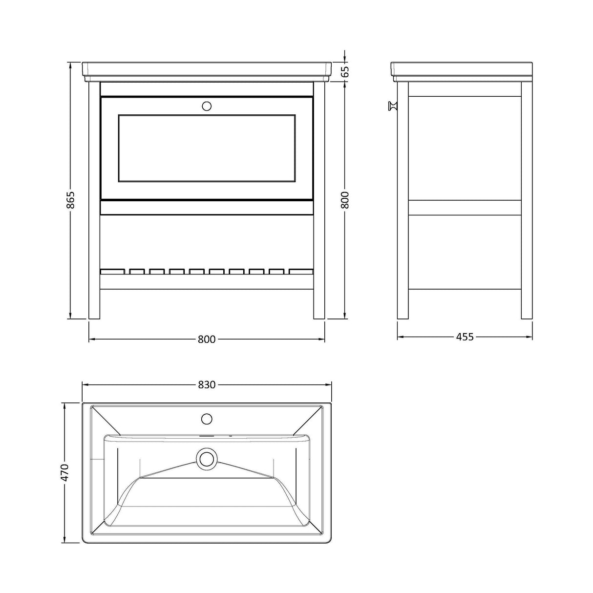 [BFRY227A] Coppenhall Traditional 1 Drawer Floor Standing Vanity Unit with Basin, Choice of Size and Colour - Technical Drawing