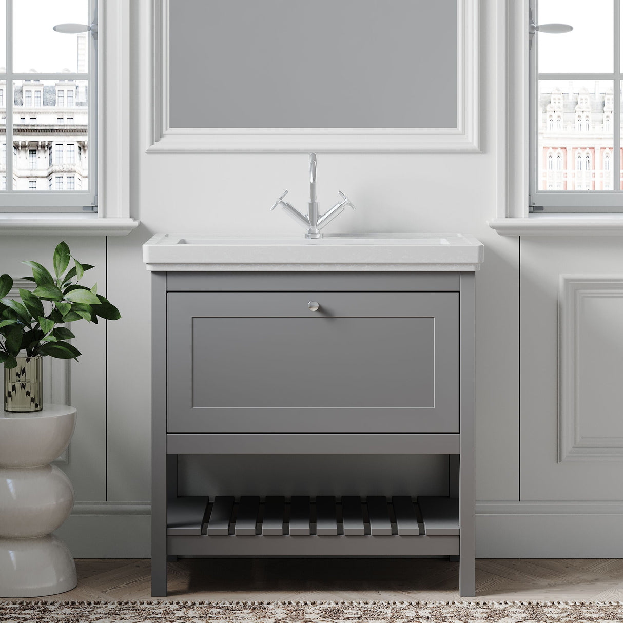 [BFRY227A] Balterley Rye Bathroom Floor Standing 1 Drawer Vanity & 1 Tap Hole Basin, Cool Grey, 830mm - Lifestyle 1