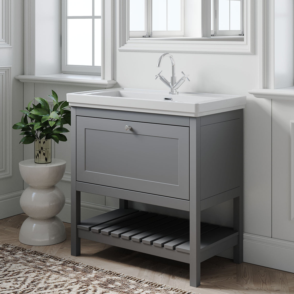 [BFRY227A] Coppenhall Traditional 1 Drawer Floor Standing Vanity Unit with Basin, Choice of Size and Colour