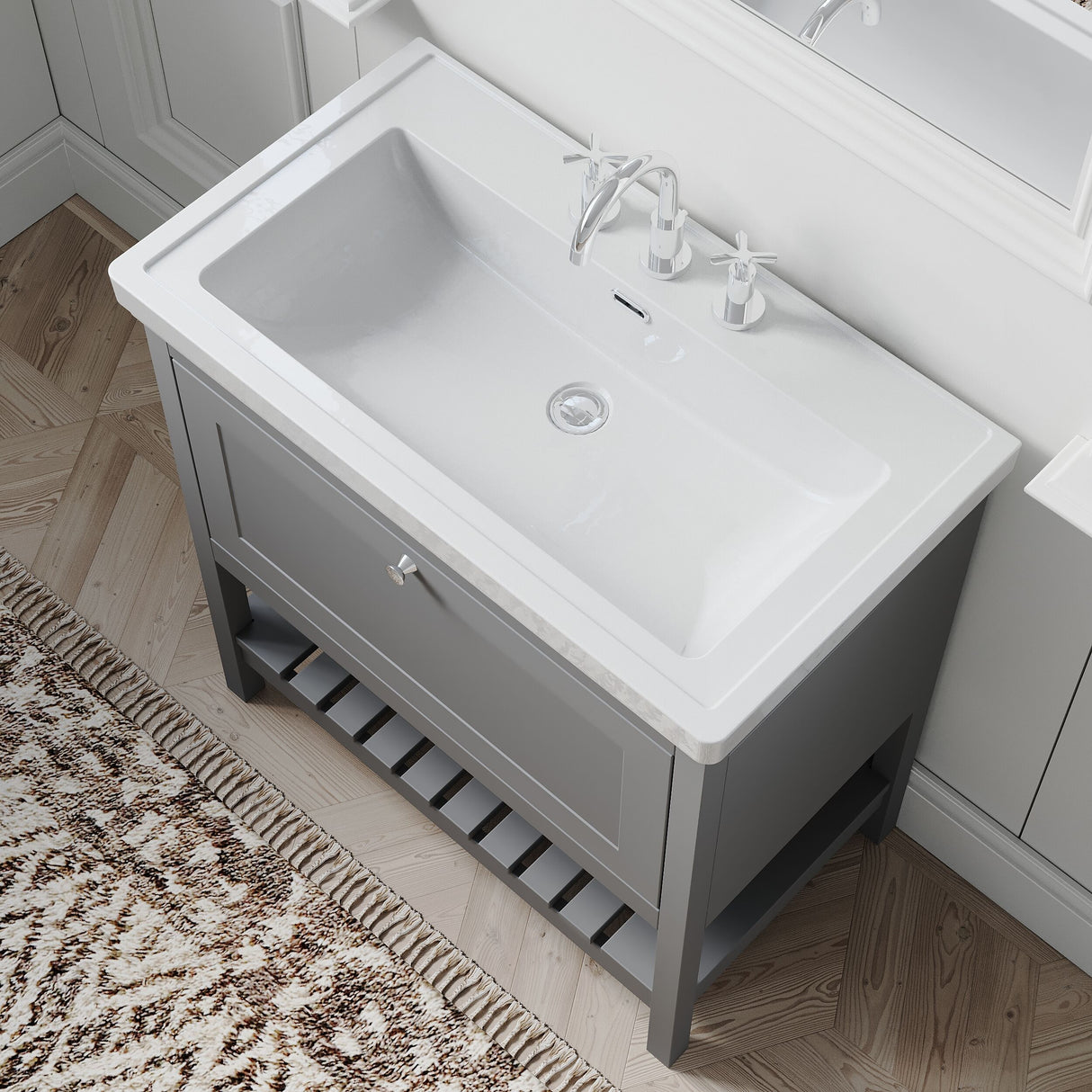 [BFRY227B] Coppenhall Traditional 1 Drawer Floor Standing Vanity Unit with 3 Tap Hole Fireclay Basin, Choice of Size and Finish