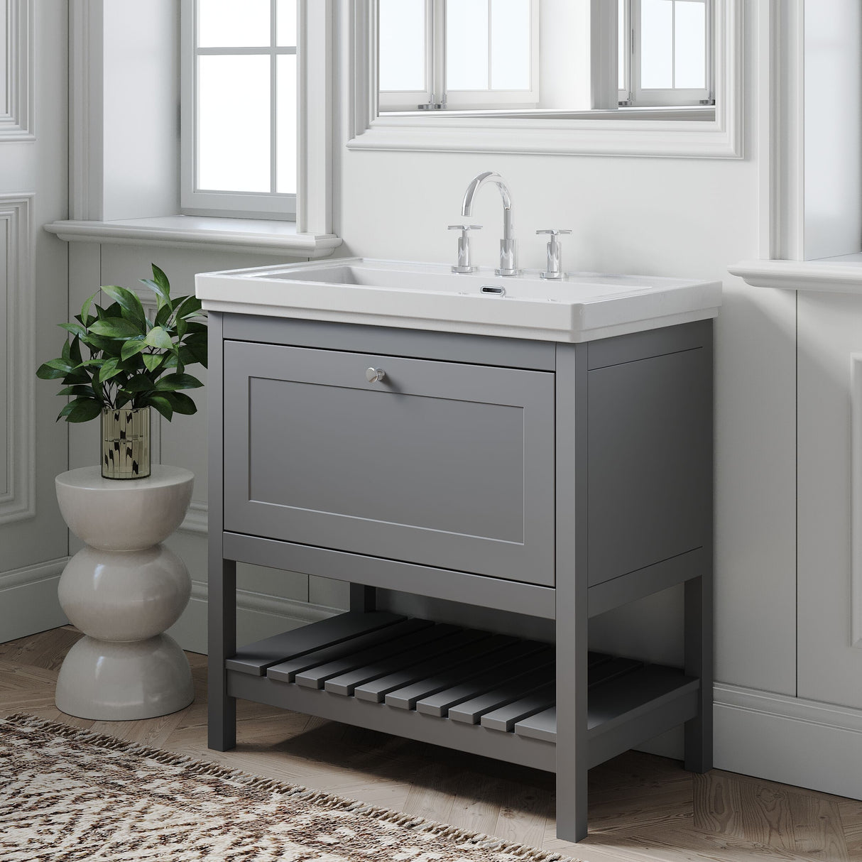 [BFRY227B] Balterley Rye Bathroom Floor Standing 1 Drawer Vanity & 3 Tap Hole Basin, Cool Grey, 830mm - Lifestyle 3