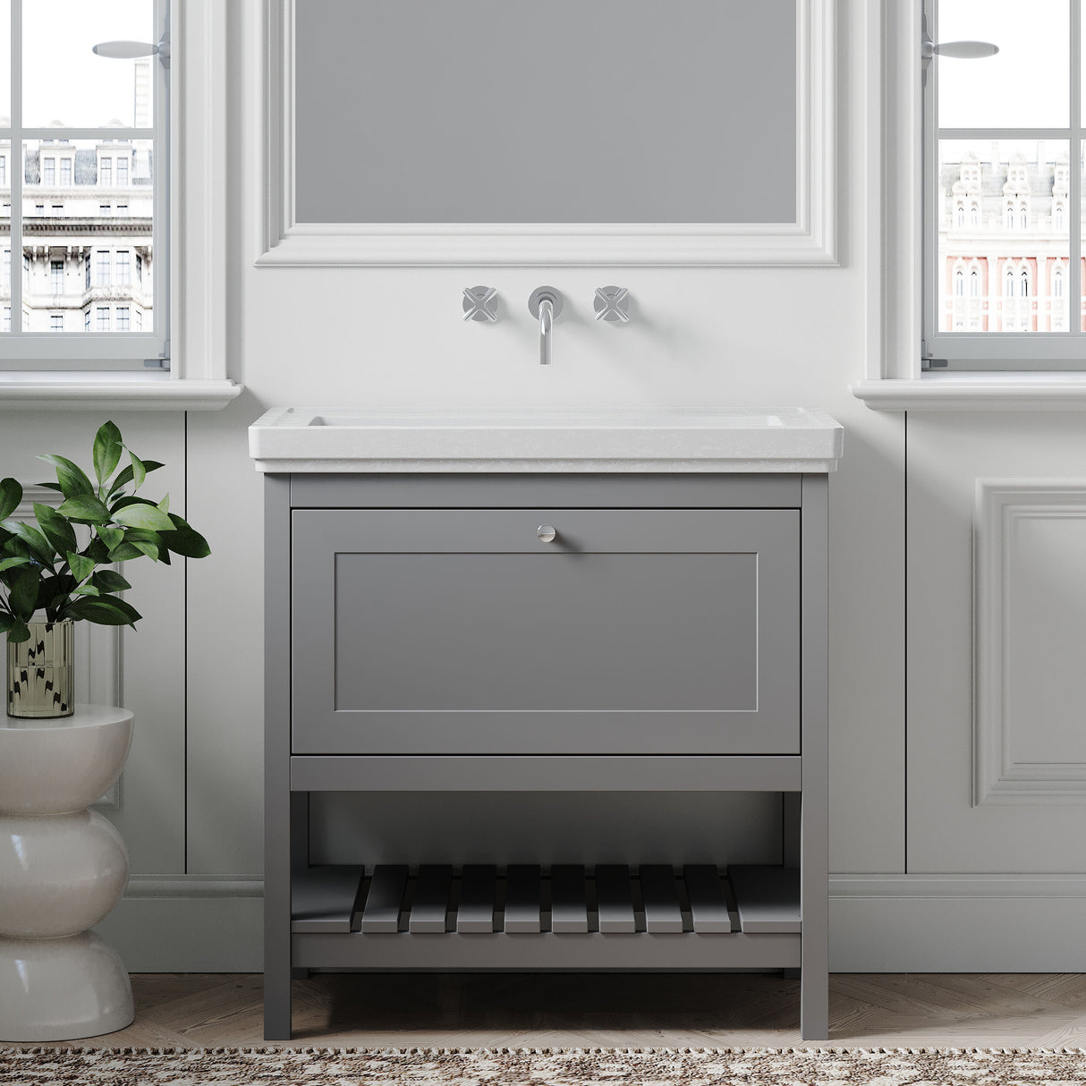 [BFRY227H] Balterley Rye Bathroom Floor Standing 1 Drawer Vanity & 0 Tap Hole Basin, Cool Grey, 830mm - Lifestyle 1