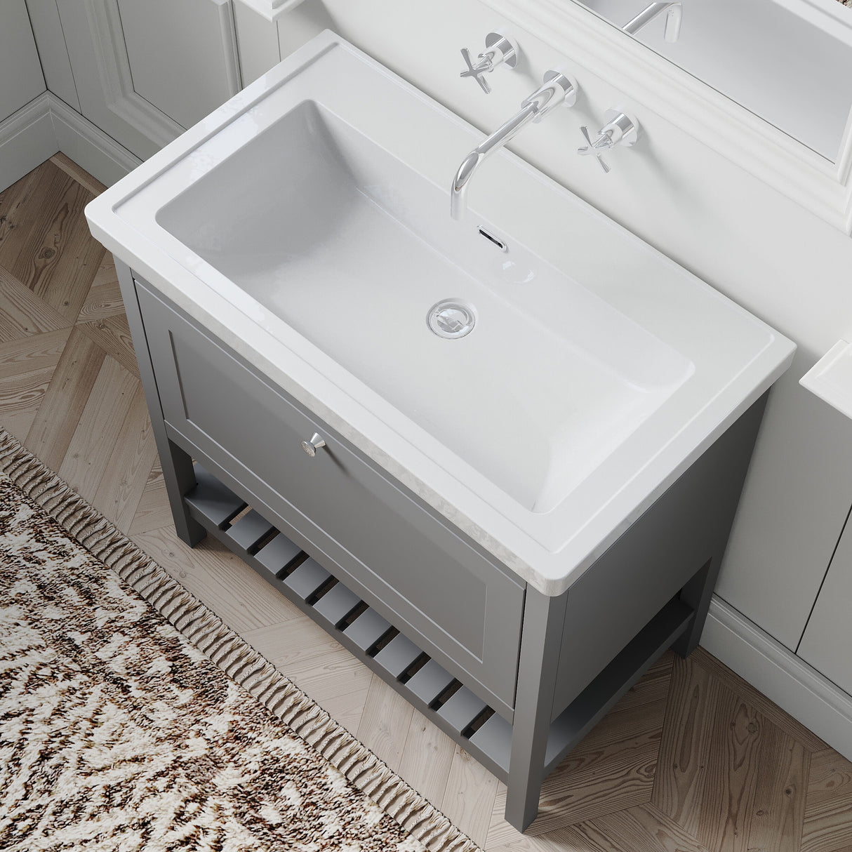 [BFRY227H] Balterley Rye Bathroom Floor Standing 1 Drawer Vanity & 0 Tap Hole Basin, Cool Grey, 830mm - Lifestyle 2
