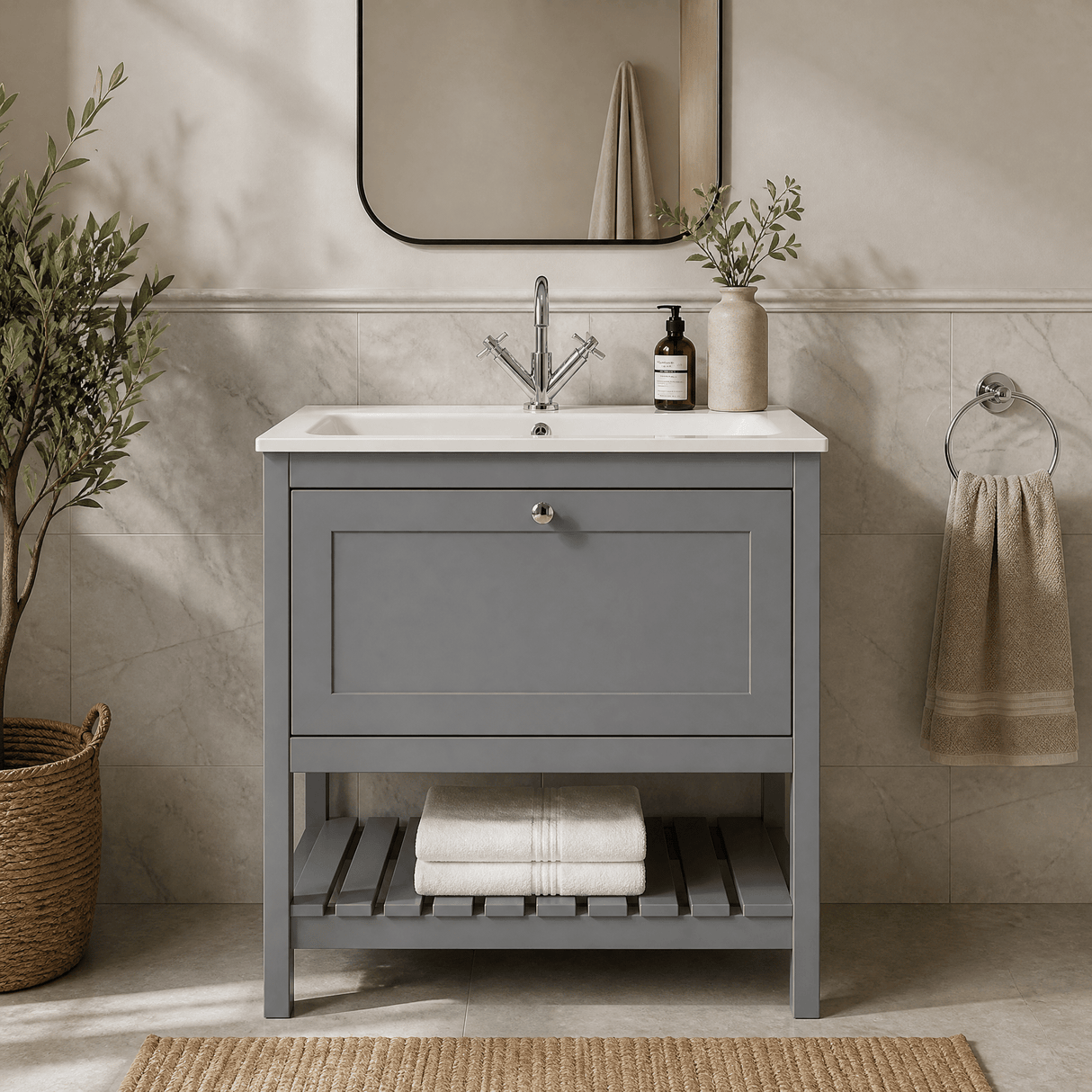 [BFRY227P] Coppenhall Contemporary 1 Drawer Floor Standing Vanity Unit with Stone Basin - Choice of Size and Colour - Silo
