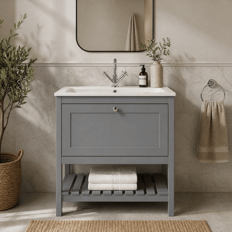 [BFRY227P] Coppenhall Contemporary 1 Drawer Floor Standing Vanity Unit with Stone Basin - Choice of Size and Colour - Silo