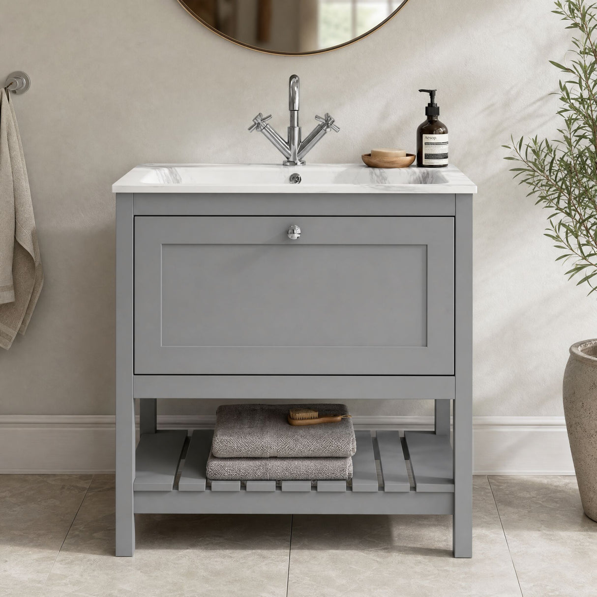 [BFRY227Q] Coppenhall Contemporary 1 Drawer Floor Standing Vanity Unit with Stone Basin - Choice of Size and Colour - Silo