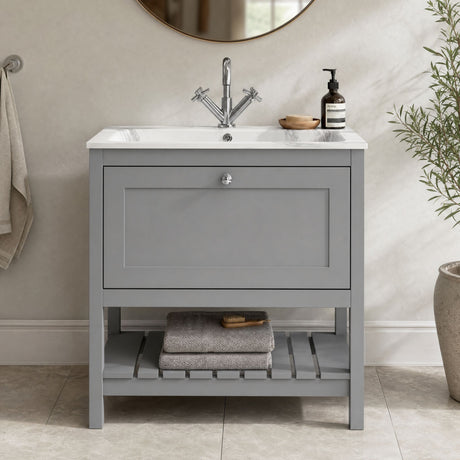 [BFRY227Q] Coppenhall Contemporary 1 Drawer Floor Standing Vanity Unit with Stone Basin - Choice of Size and Colour - Silo