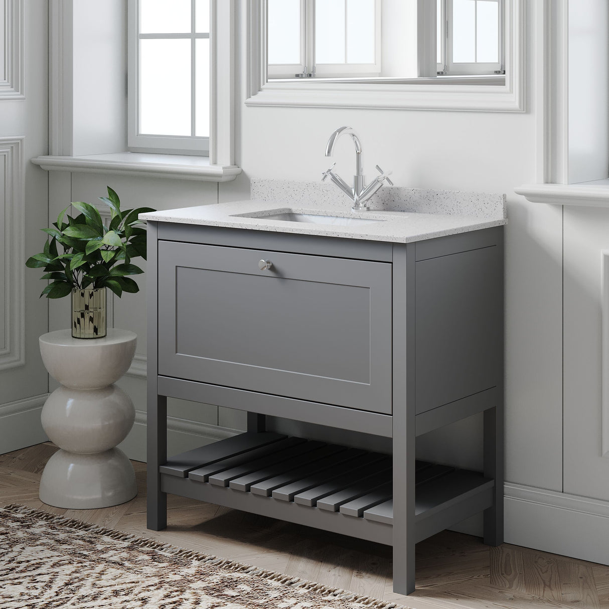 [BFRY227WS1] Balterley Rye Bathroom Floor Standing 1 Drawer Vanity & Single Bowl 1 Tap Hole Marble Top, Cool Grey/White, 820mm - Lifestyle 3