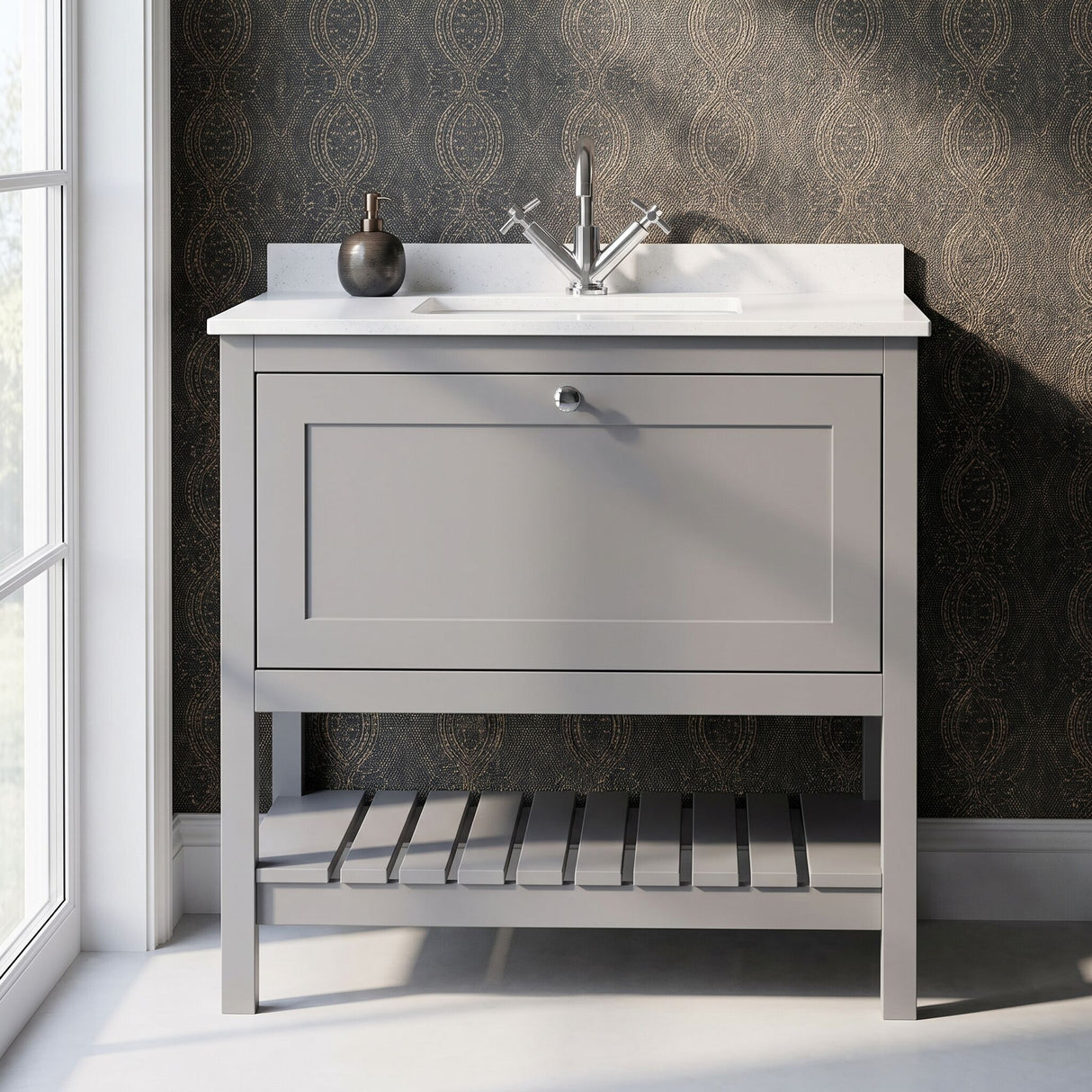 [BFRY227WS1] Coppenhall Traditional 1 Drawer Floor Standing Vanity Unit with Marble Worktop, Choice of Size and Finish - Silo