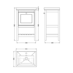 [BFRY323A] Balterley Rye Bathroom Floor Standing 1 Drawer Vanity & 1 Tap Hole Fireclay Basin, Indigo Blue, 531mm - Technical Drawing