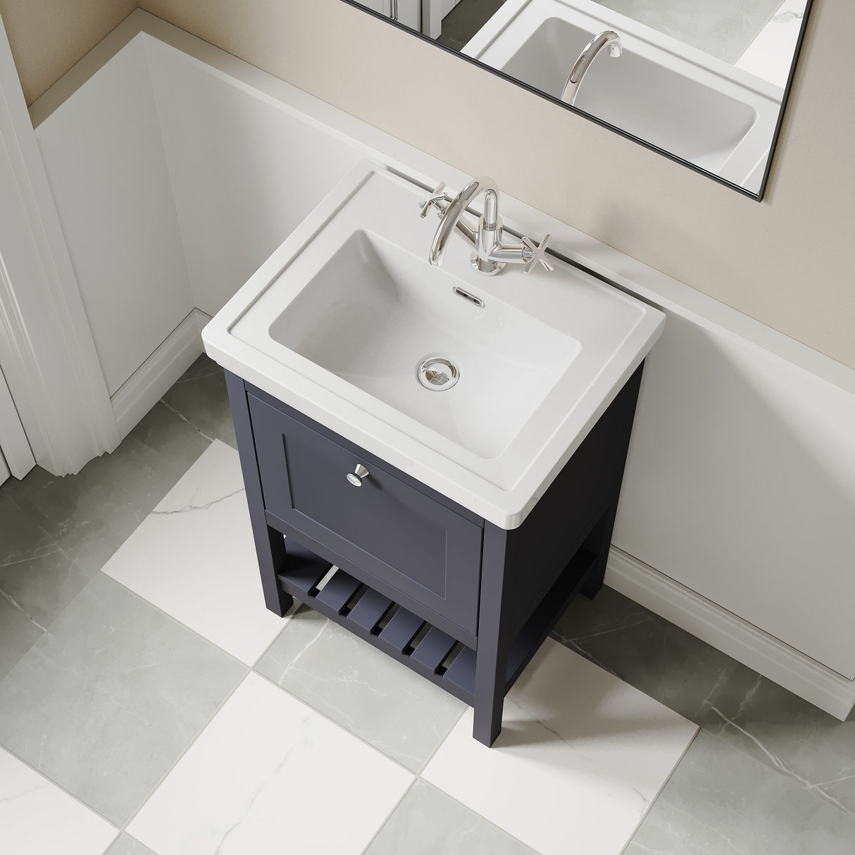 [BFRY323A] Balterley Rye Bathroom Floor Standing 1 Drawer Vanity & 1 Tap Hole Fireclay Basin, Indigo Blue, 531mm - Lifestyle 2