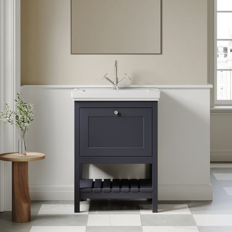 [BFRY325A] Balterley Rye Bathroom Floor Standing 1 Drawer Vanity & 1 Tap Hole Fireclay Basin, Indigo Blue, 600mm - Lifestyle 1