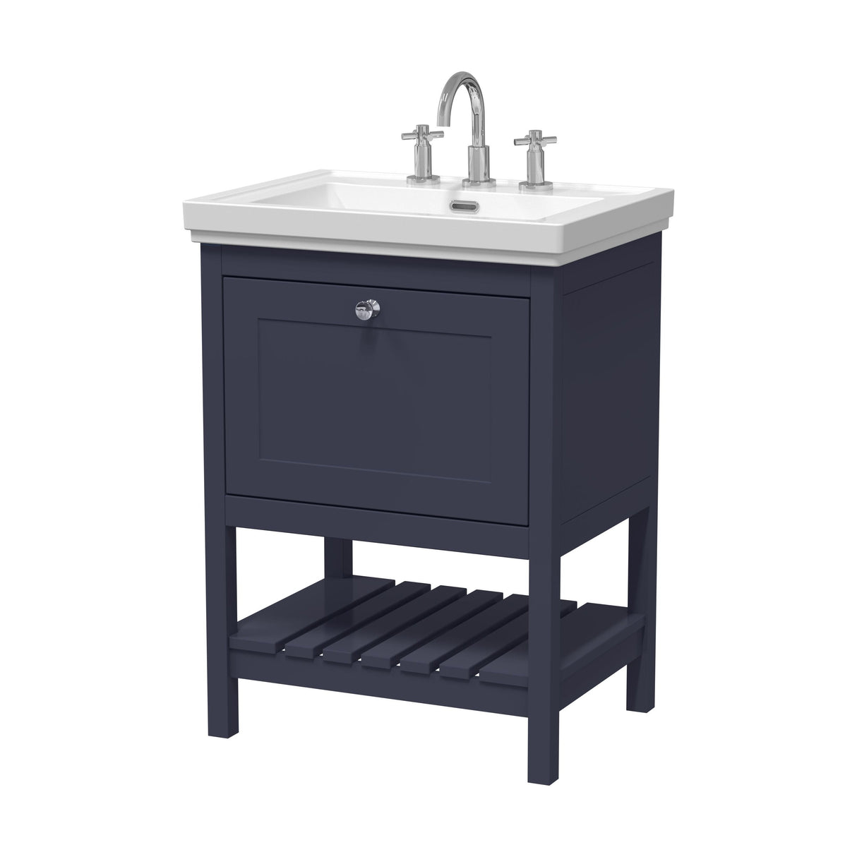 [BFRY325B] Balterley Rye Bathroom Floor Standing 1 Drawer Vanity & 3 Tap Hole Fireclay Basin, Indigo Blue, 600mm - Cutout