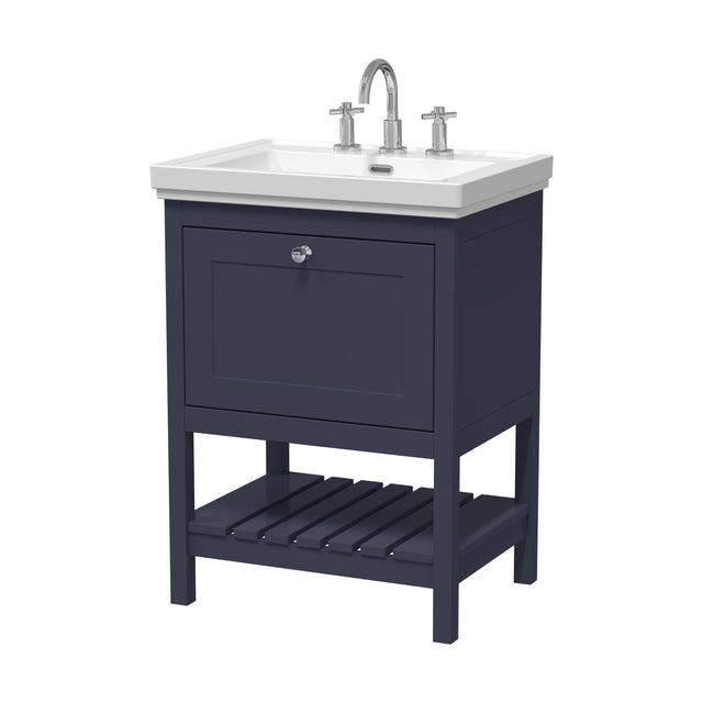 [BFRY325B] Balterley Rye Bathroom Floor Standing 1 Drawer Vanity & 3 Tap Hole Fireclay Basin, Indigo Blue, 600mm - Cutout