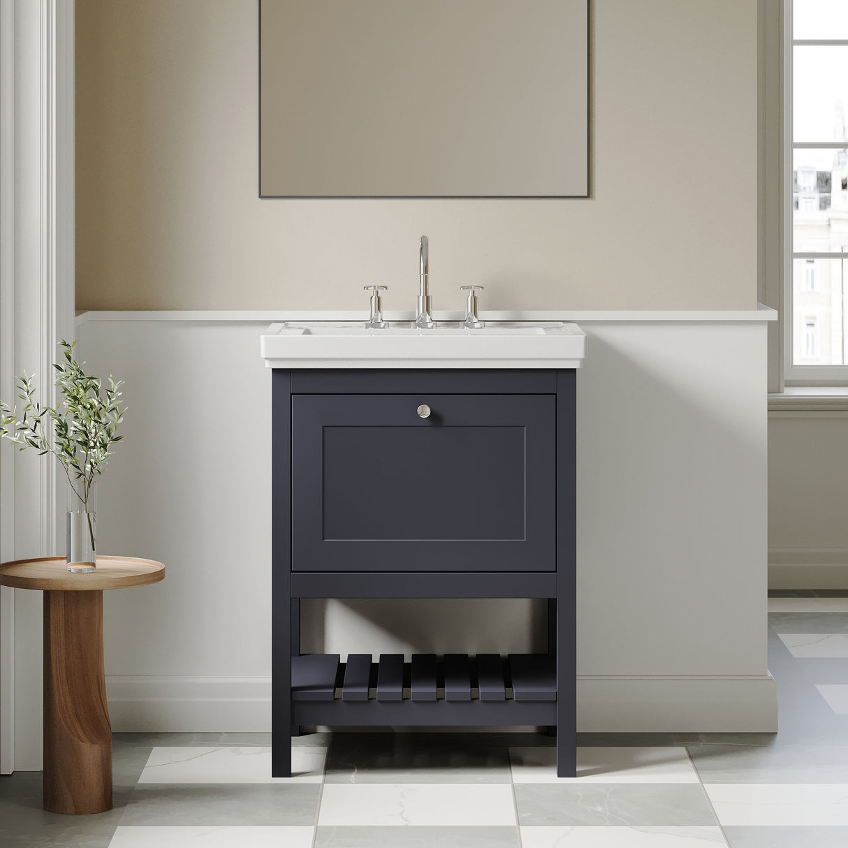 [BFRY325B] Balterley Rye Bathroom Floor Standing 1 Drawer Vanity & 3 Tap Hole Fireclay Basin, Indigo Blue, 600mm - Lifestyle 1