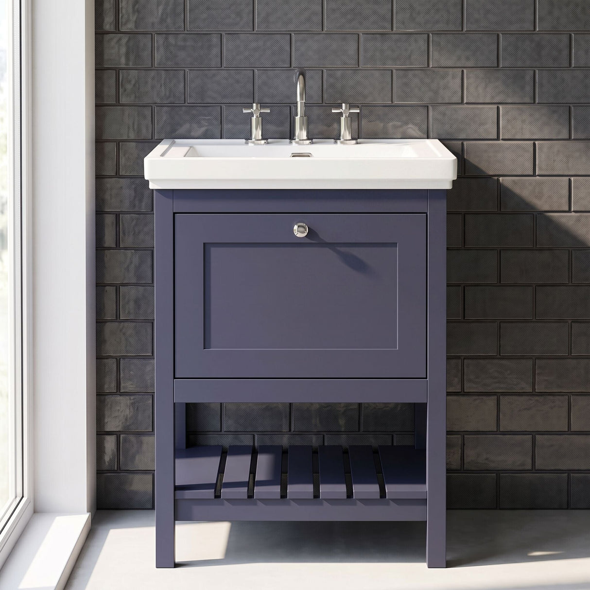 [BFRY325B] Coppenhall Traditional 1 Drawer Floor Standing Vanity Unit with 3 Tap Hole Fireclay Basin, Choice of Size and Finish - Silo
