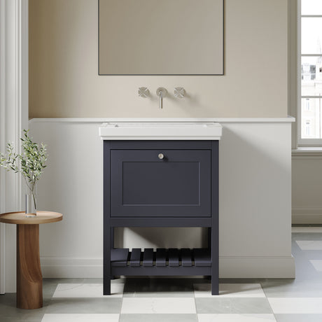 [BFRY325H] Balterley Rye Bathroom Floor Standing 1 Drawer Vanity & 0 Tap Hole Fireclay Basin, Indigo Blue, 600mm - Lifestyle 1