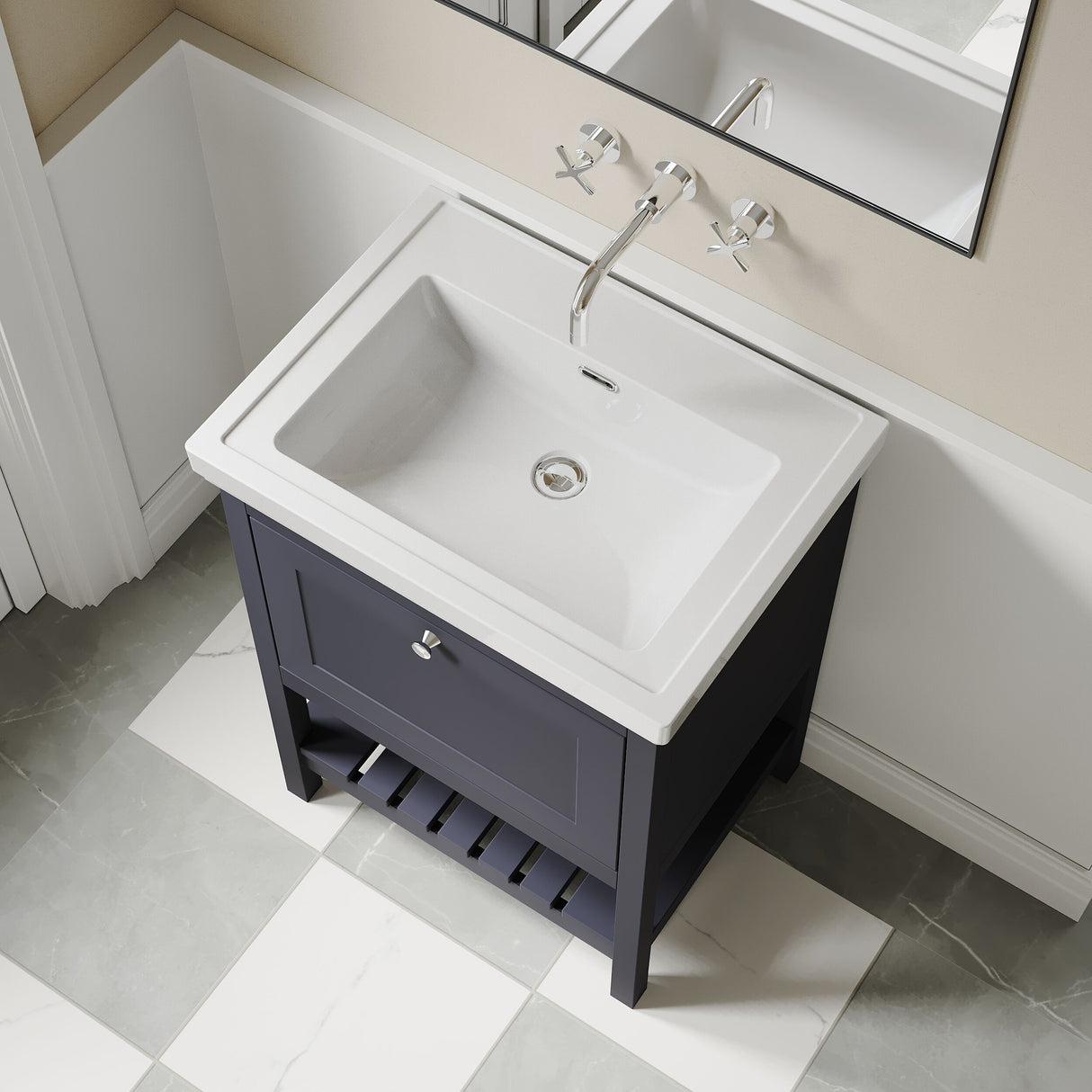 [BFRY325H] Balterley Rye Bathroom Floor Standing 1 Drawer Vanity & 0 Tap Hole Fireclay Basin, Indigo Blue, 600mm - Lifestyle 2