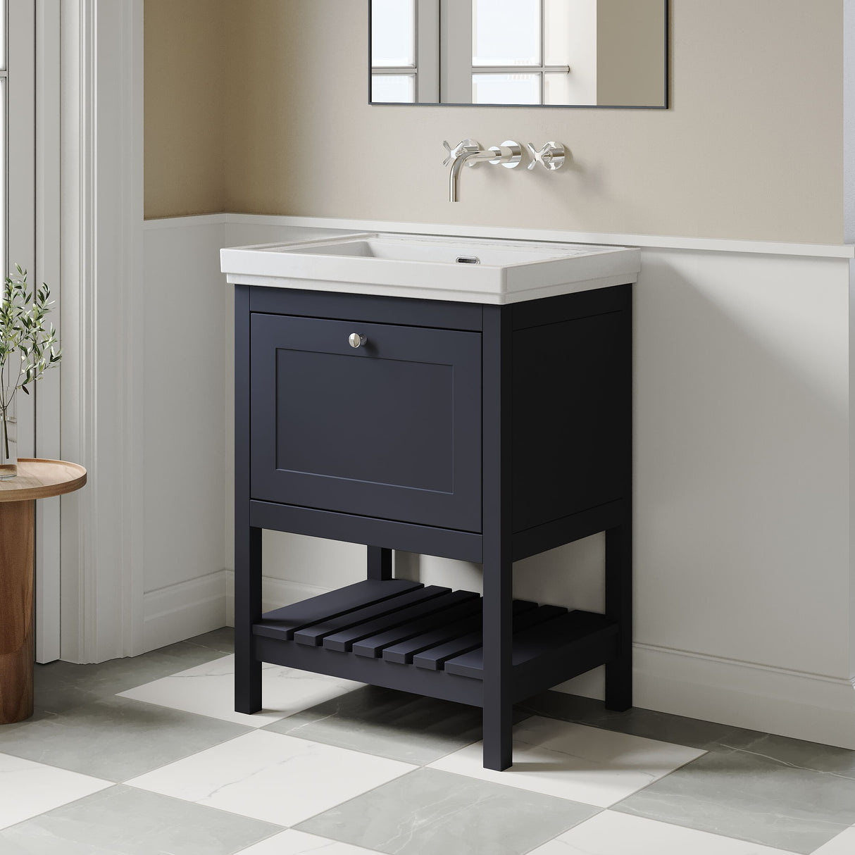 [BFRY325H] Balterley Rye Bathroom Floor Standing 1 Drawer Vanity & 0 Tap Hole Fireclay Basin, Indigo Blue, 600mm - Lifestyle 3