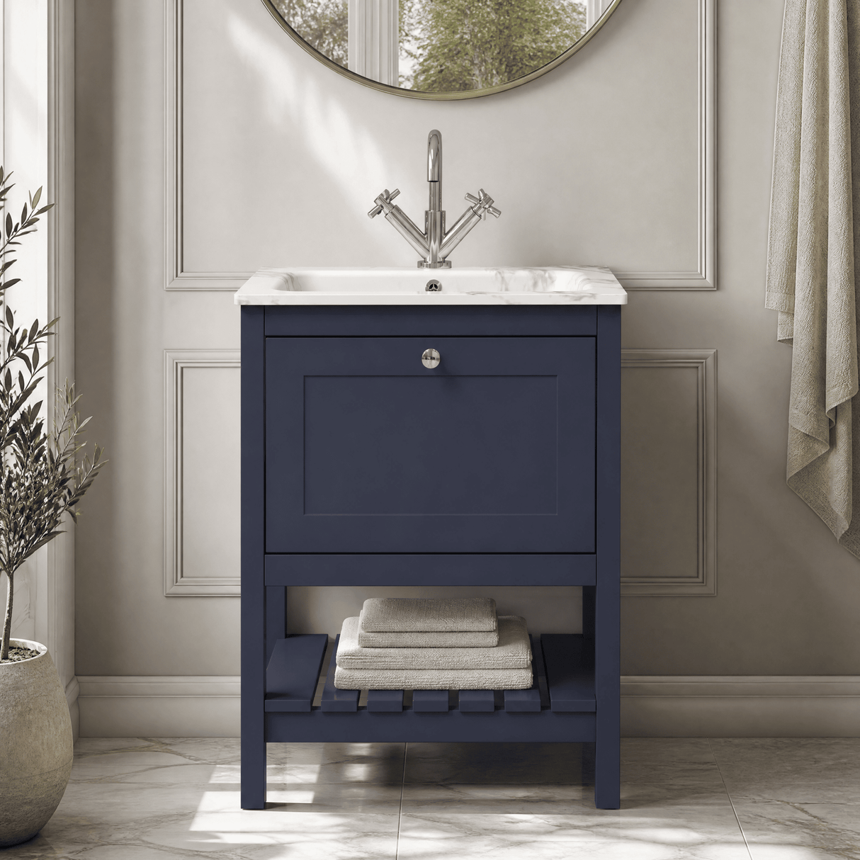 [BFRY325Q] Coppenhall Contemporary 1 Drawer Floor Standing Vanity Unit with Stone Basin - Choice of Size and Colour - Silo