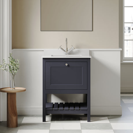[BFRY325WS1] Balterley Rye Bathroom Floor Standing 1 Drawer Vanity & Single Bowl 1 Tap Hole Marble Top, Indigo Blue/White, 600mm - Lifestyle 1