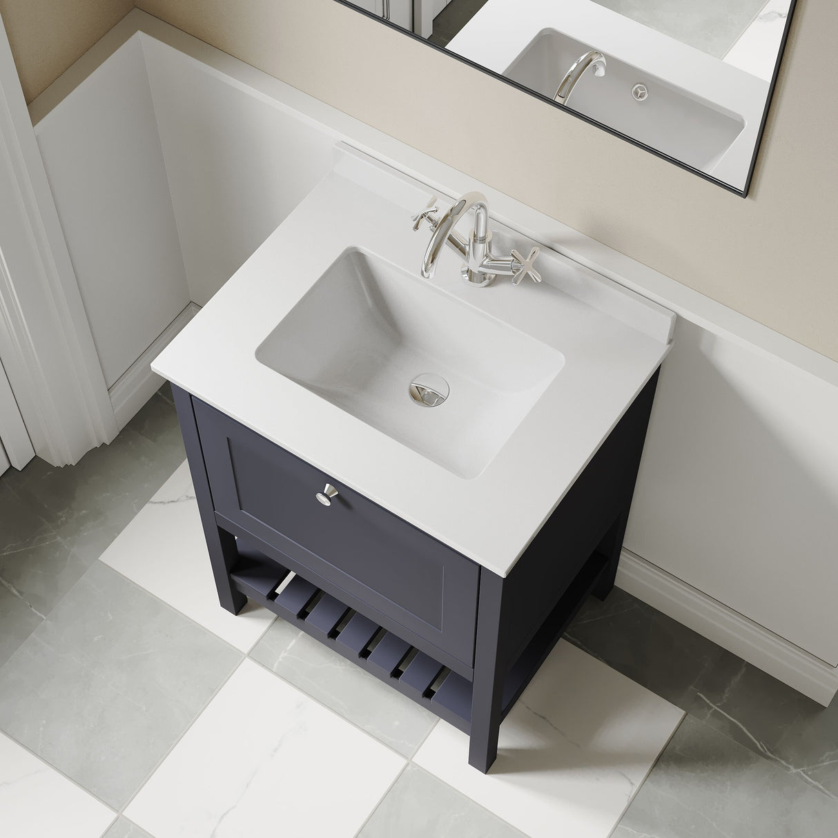 [BFRY325WS1] Balterley Rye Bathroom Floor Standing 1 Drawer Vanity & Single Bowl 1 Tap Hole Marble Top, Indigo Blue/White, 600mm - Lifestyle 2