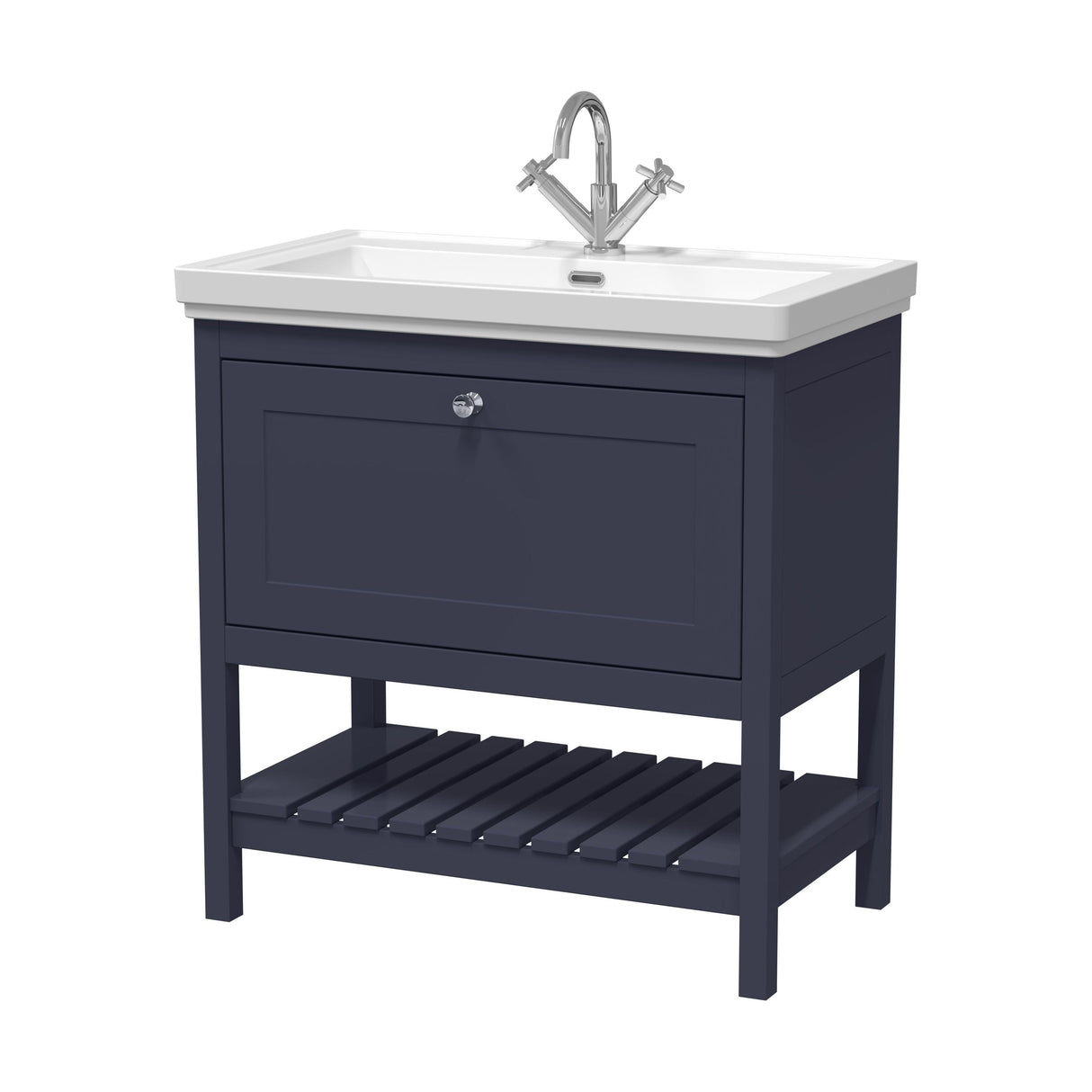 [BFRY327A] Balterley Rye Bathroom Floor Standing 1 Drawer Vanity & 1 Tap Hole Fireclay Basin, Indigo Blue, 800mm - Cutout