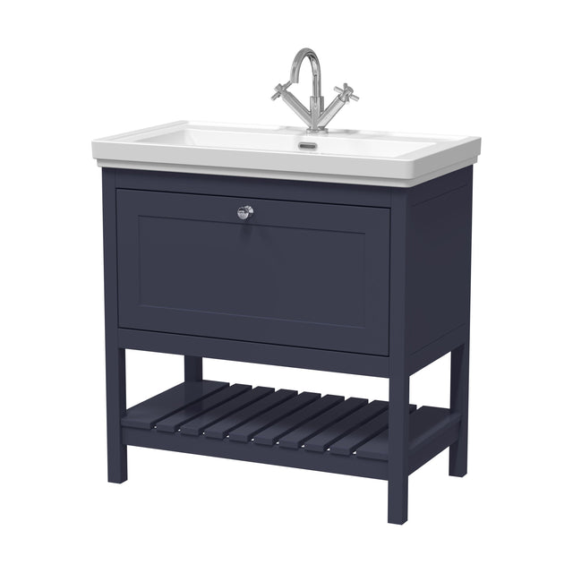 [BFRY327A] Balterley Rye Bathroom Floor Standing 1 Drawer Vanity & 1 Tap Hole Fireclay Basin, Indigo Blue, 800mm - Cutout