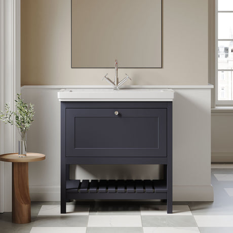 [BFRY327A] Balterley Rye Bathroom Floor Standing 1 Drawer Vanity & 1 Tap Hole Fireclay Basin, Indigo Blue, 800mm - Lifestyle 1