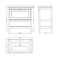 [BFRY327B] Balterley Rye Bathroom Floor Standing 1 Drawer Vanity & 3 Tap Hole Fireclay Basin, Indigo Blue, 800mm - Technical Drawing