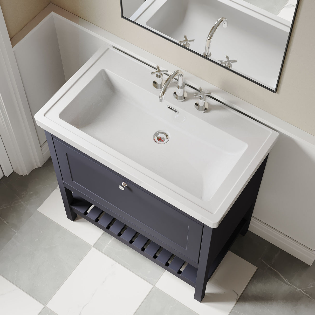 [BFRY327B] Balterley Rye Bathroom Floor Standing 1 Drawer Vanity & 3 Tap Hole Fireclay Basin, Indigo Blue, 800mm - Lifestyle 2