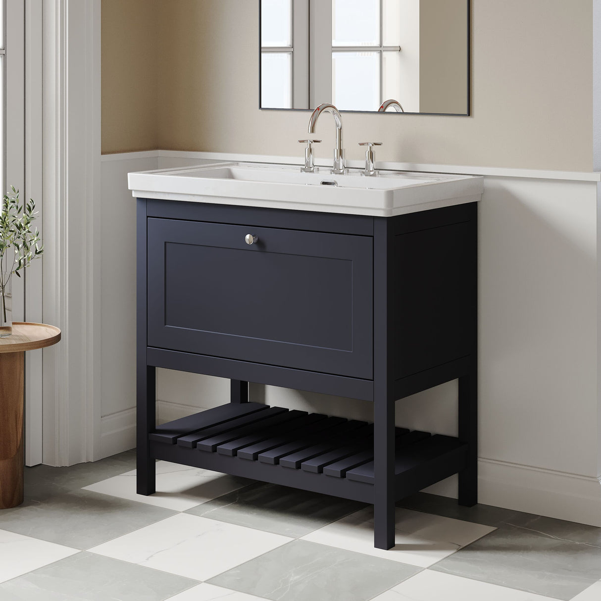 [BFRY327B] Balterley Rye Bathroom Floor Standing 1 Drawer Vanity & 3 Tap Hole Fireclay Basin, Indigo Blue, 800mm - Lifestyle 3