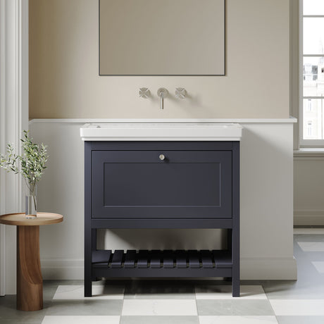 [BFRY327H] Balterley Rye Bathroom Floor Standing 1 Drawer Vanity & 0 Tap Hole Fireclay Basin, Indigo Blue, 800mm - Lifestyle 1