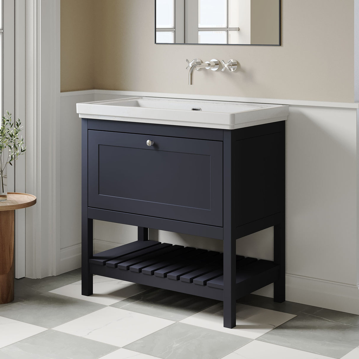 [BFRY327H] Coppenhall Traditional 1 Drawer Floor Standing Vanity Basin Unit with 0 Tap Hole Fireclay Basin, Choice of Size and Colour