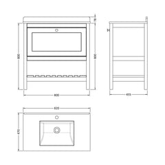[BFRY327WS1] Balterley Rye Bathroom Floor Standing 1 Drawer Vanity & Single Bowl 1 Tap Hole Marble Top, Indigo Blue/White, 800mm - Technical Drawing